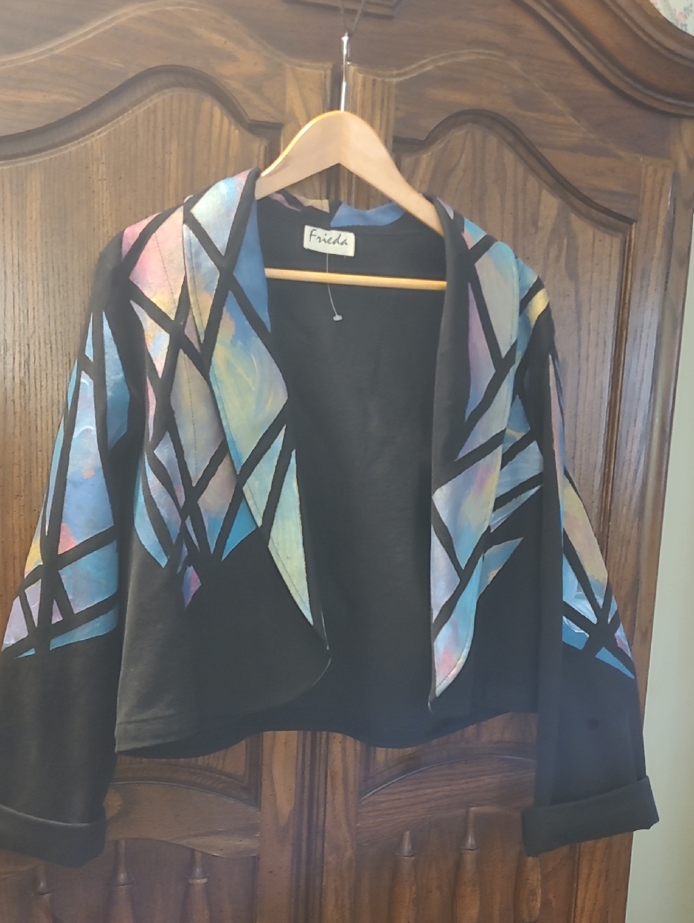 Frida Black Open-Front Blazer with Pastel Geometric Panels